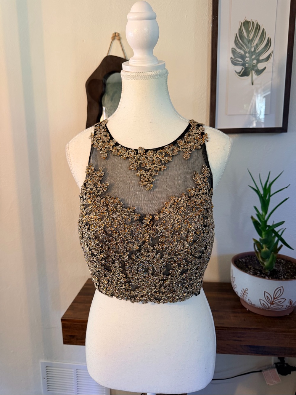 Gold Beaded Illusion Mesh Crop Top Formal Prom Evening Top